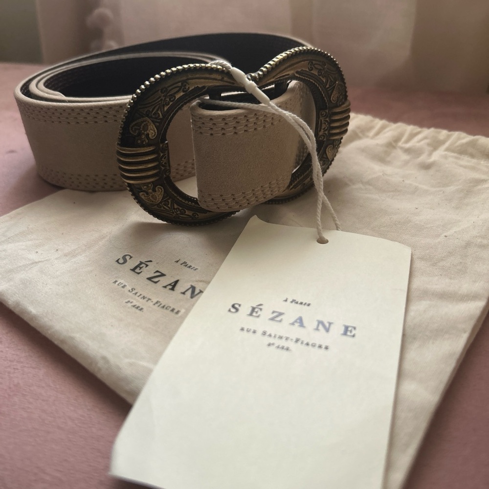 Sézane Beige Leather Belt with Ornate Gold Buckle